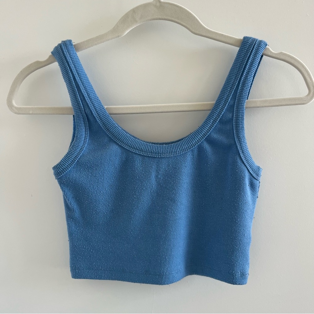 Blue Ribbed Cropped Tank Top